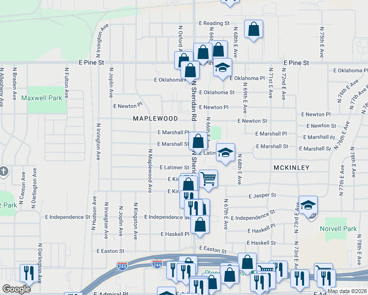 map of restaurants, bars, coffee shops, grocery stores, and more near 6268 East Marshall Street in Tulsa
