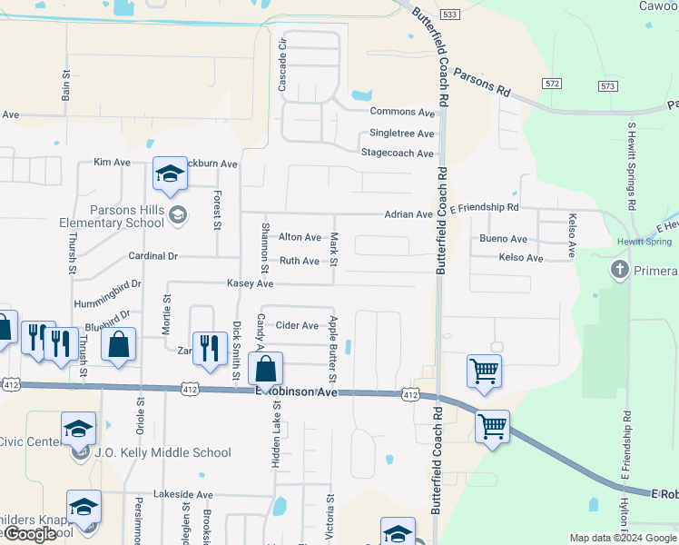 map of restaurants, bars, coffee shops, grocery stores, and more near 1572 Mark Street in Springdale