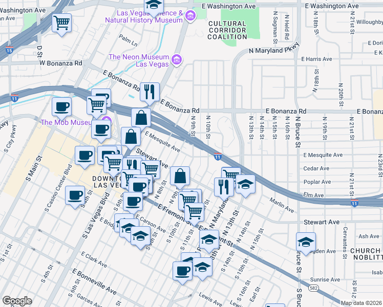 map of restaurants, bars, coffee shops, grocery stores, and more near 819 East Mesquite Avenue in Las Vegas