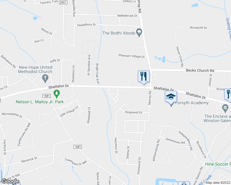 map of restaurants, bars, coffee shops, grocery stores, and more near 390 Vista Circle in Winston-Salem