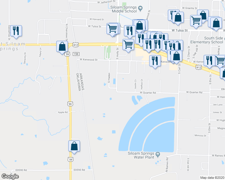 map of restaurants, bars, coffee shops, grocery stores, and more near 1310 South Haden in Siloam Springs