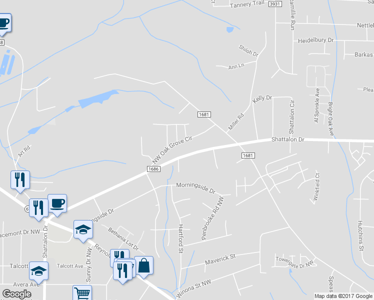 map of restaurants, bars, coffee shops, grocery stores, and more near 5043 Shattalon Drive in Winston-Salem