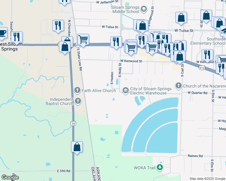 map of restaurants, bars, coffee shops, grocery stores, and more near 1308 South Haden in Siloam Springs