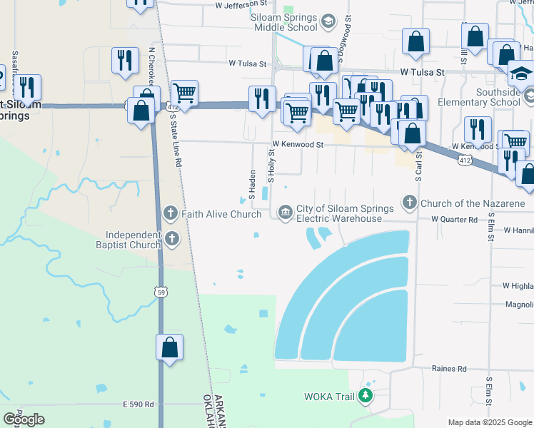 map of restaurants, bars, coffee shops, grocery stores, and more near 1310 South Haden in Siloam Springs