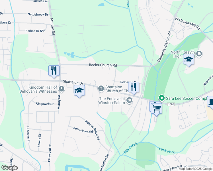 map of restaurants, bars, coffee shops, grocery stores, and more near 5483 Shattalon Drive in Winston-Salem