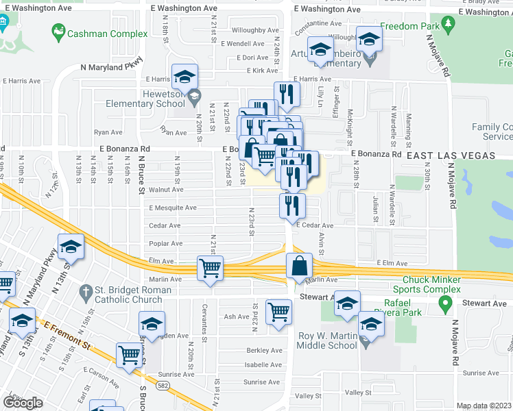 map of restaurants, bars, coffee shops, grocery stores, and more near 2305 East Mesquite Avenue in Las Vegas
