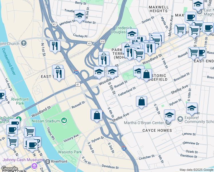 map of restaurants, bars, coffee shops, grocery stores, and more near 124 South 5th Street in Nashville