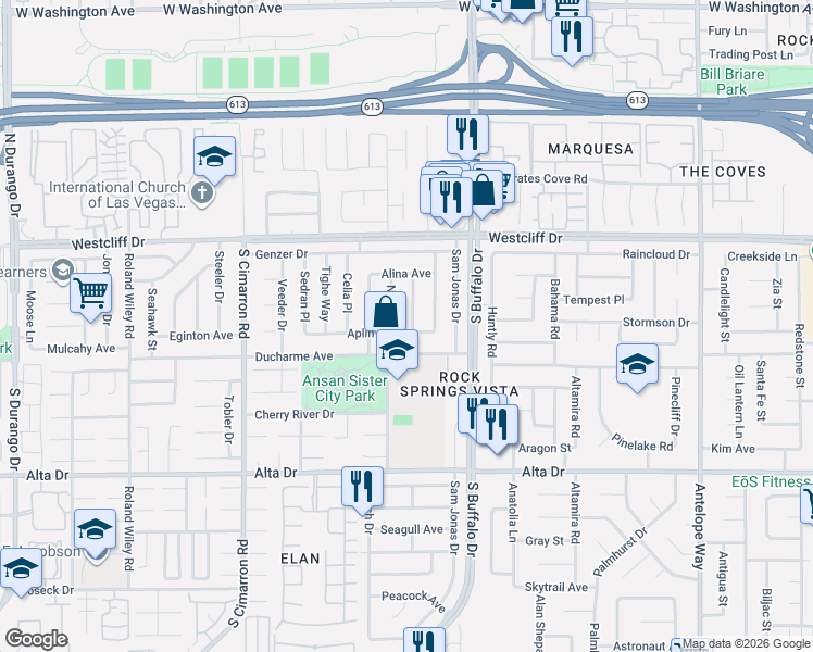 map of restaurants, bars, coffee shops, grocery stores, and more near 213 Null Lane in Las Vegas