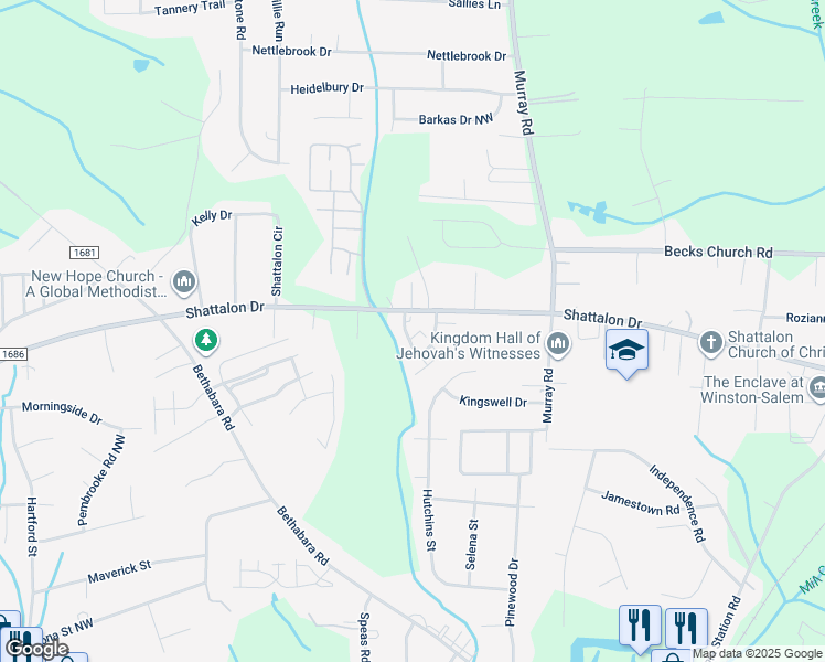map of restaurants, bars, coffee shops, grocery stores, and more near 410 Vista Circle in Winston-Salem