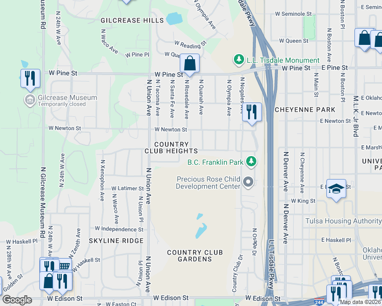 map of restaurants, bars, coffee shops, grocery stores, and more near 1320 West Marshall Street in Tulsa