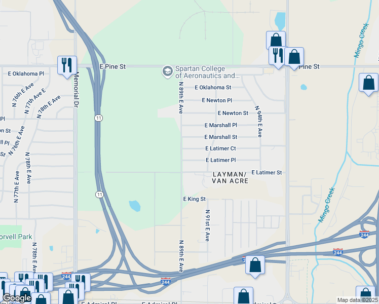 map of restaurants, bars, coffee shops, grocery stores, and more near 8920 East Latimer Court in Tulsa