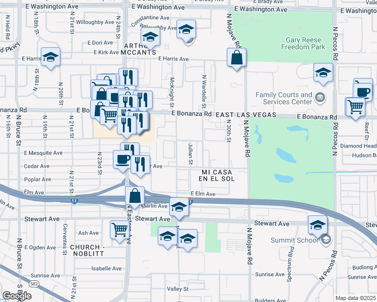 map of restaurants, bars, coffee shops, grocery stores, and more near 559 Julian Street in Las Vegas