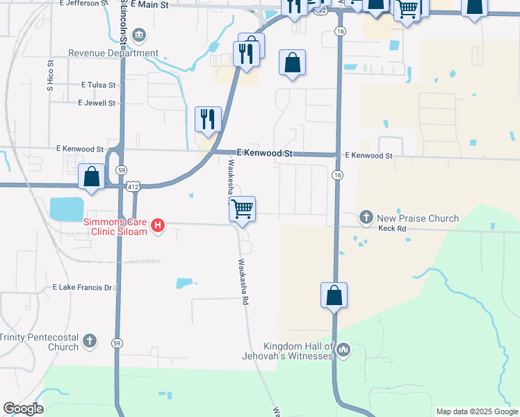 map of restaurants, bars, coffee shops, grocery stores, and more near 1805 Waukesha Road in Siloam Springs