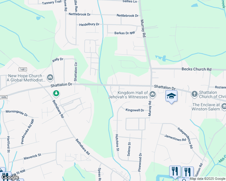 map of restaurants, bars, coffee shops, grocery stores, and more near 410 Vista Circle in Winston-Salem