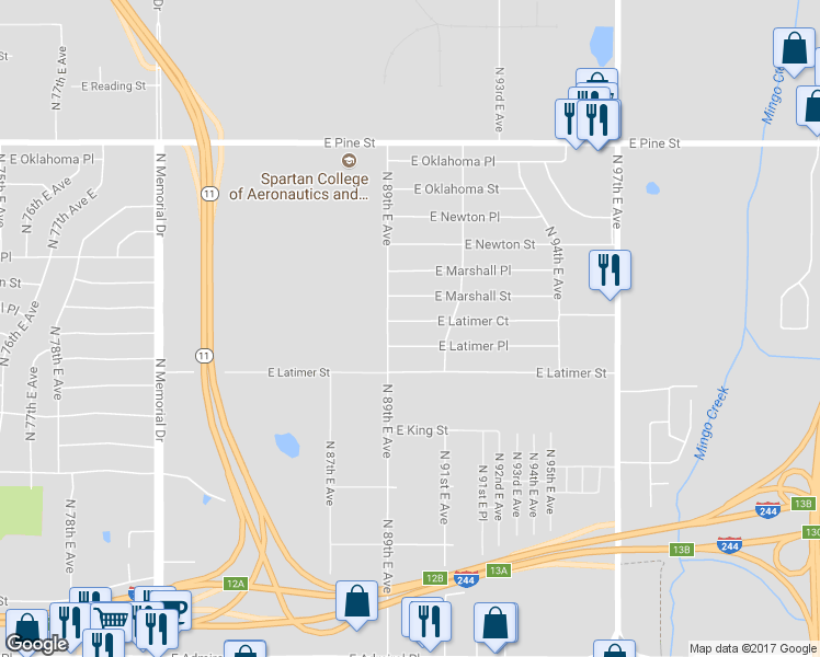 map of restaurants, bars, coffee shops, grocery stores, and more near 8920 East Latimer Court in Tulsa