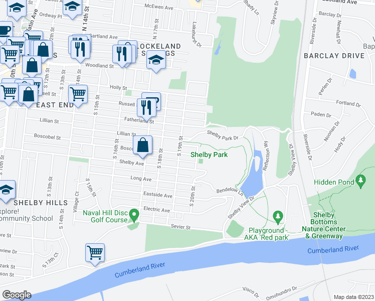 map of restaurants, bars, coffee shops, grocery stores, and more near 1907 Boscobel Street in Nashville