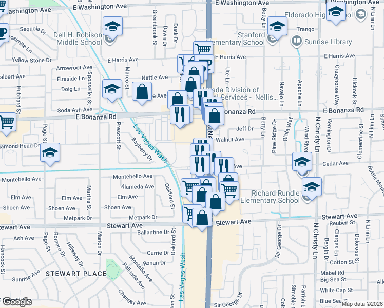 map of restaurants, bars, coffee shops, grocery stores, and more near 451 North Nellis Boulevard in Las Vegas