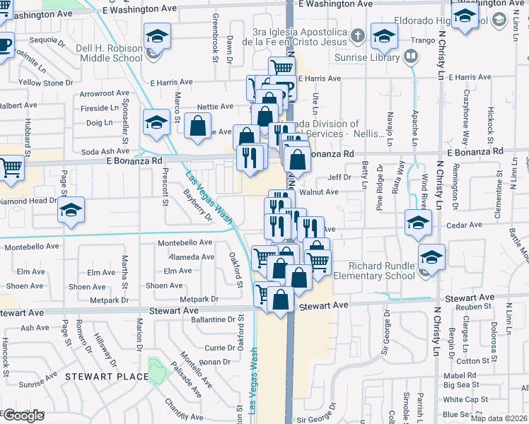 map of restaurants, bars, coffee shops, grocery stores, and more near 451 North Nellis Boulevard in Las Vegas