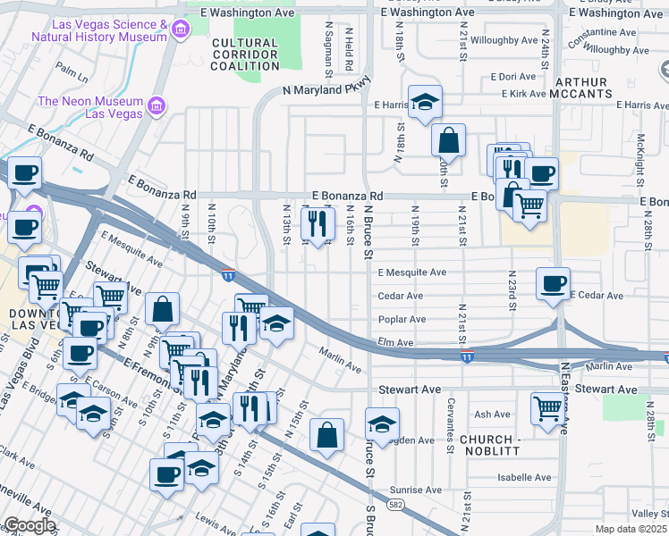 map of restaurants, bars, coffee shops, grocery stores, and more near 397 North 16th Street in Las Vegas