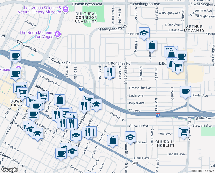 map of restaurants, bars, coffee shops, grocery stores, and more near 394 North 14th Street in Las Vegas