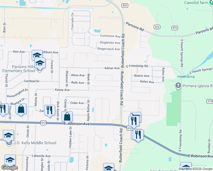 map of restaurants, bars, coffee shops, grocery stores, and more near 3106 Kasey Avenue in Springdale