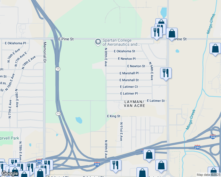 map of restaurants, bars, coffee shops, grocery stores, and more near 8920 East Latimer Court in Tulsa