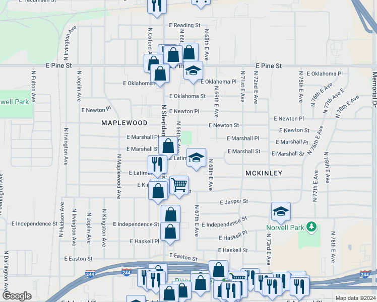 map of restaurants, bars, coffee shops, grocery stores, and more near 6613 East Latimer Place in Tulsa