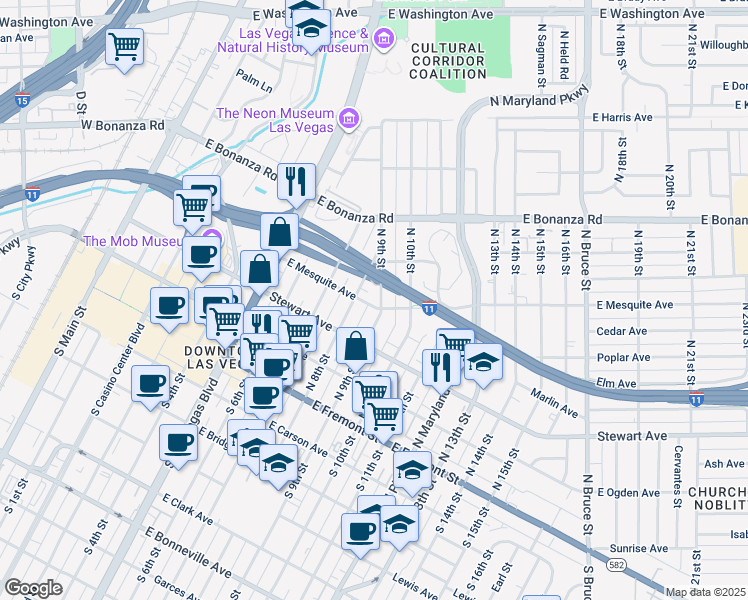 map of restaurants, bars, coffee shops, grocery stores, and more near 815 East Mesquite Avenue in Las Vegas