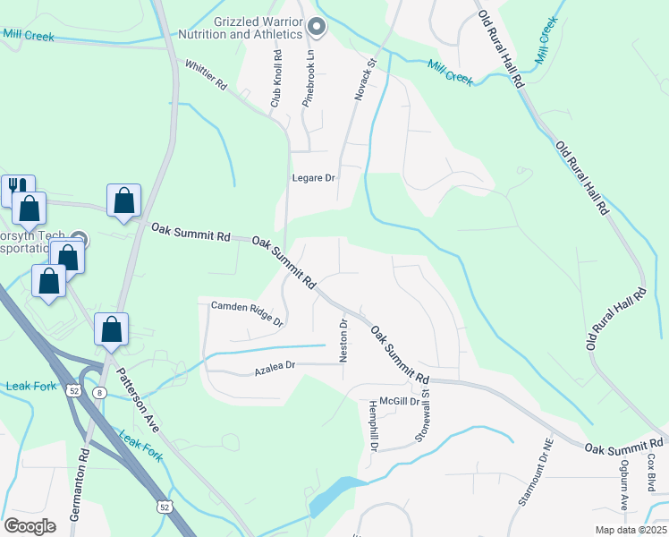 map of restaurants, bars, coffee shops, grocery stores, and more near 5530 Brookfield Ridge Drive in Winston-Salem