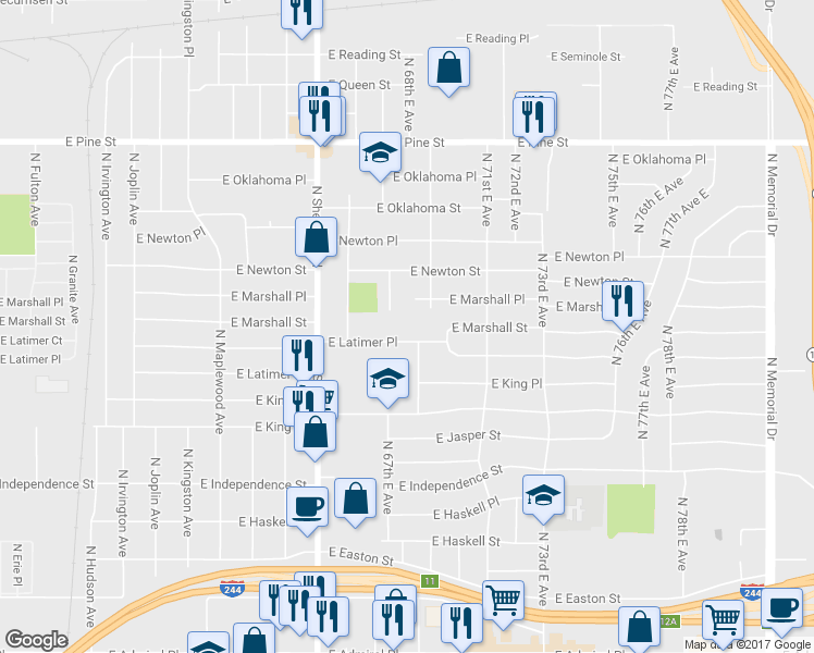 map of restaurants, bars, coffee shops, grocery stores, and more near 6701 E Latimer Pl in Tulsa