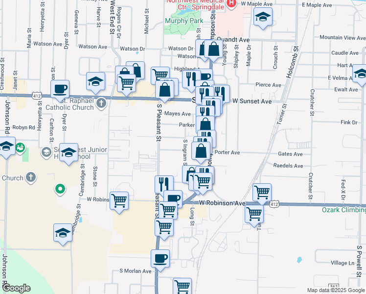 map of restaurants, bars, coffee shops, grocery stores, and more near 1002 Porter Ave in Springdale