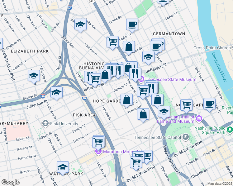 map of restaurants, bars, coffee shops, grocery stores, and more near 1003 Phillips Street in Nashville