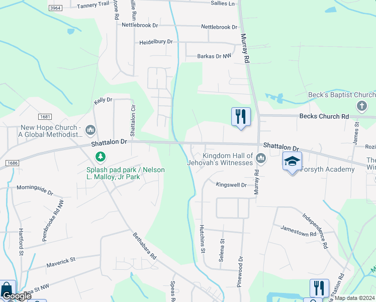 map of restaurants, bars, coffee shops, grocery stores, and more near 120 Vista Circle in Winston-Salem