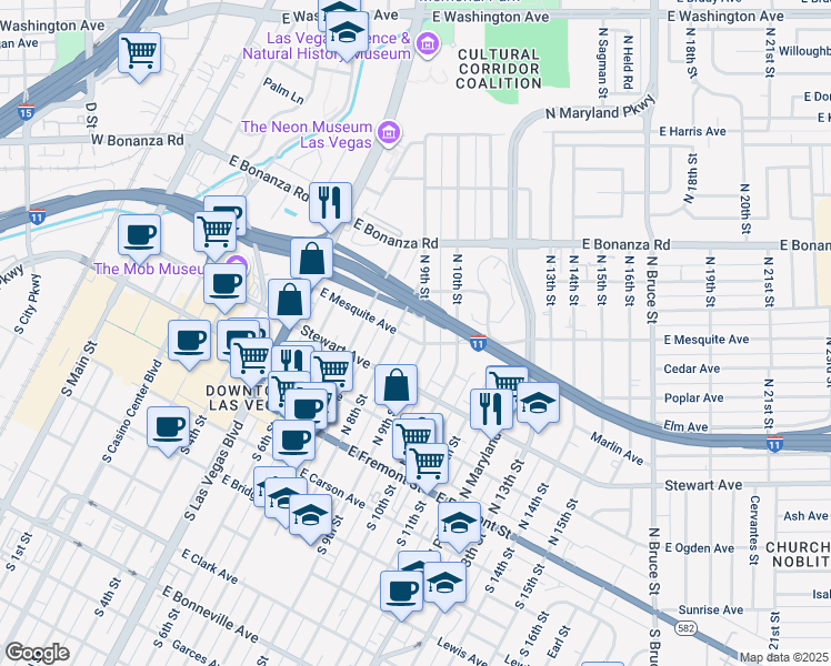 map of restaurants, bars, coffee shops, grocery stores, and more near 815 East Mesquite Avenue in Las Vegas