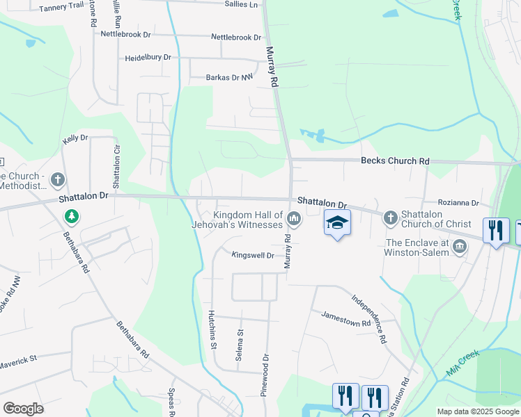 map of restaurants, bars, coffee shops, grocery stores, and more near 5364 Shattalon Drive in Winston-Salem