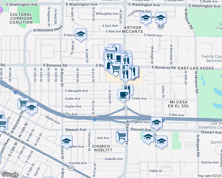map of restaurants, bars, coffee shops, grocery stores, and more near 2301 East Mesquite Avenue in Las Vegas