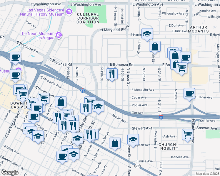 map of restaurants, bars, coffee shops, grocery stores, and more near 1400 East Mesquite Avenue in Las Vegas