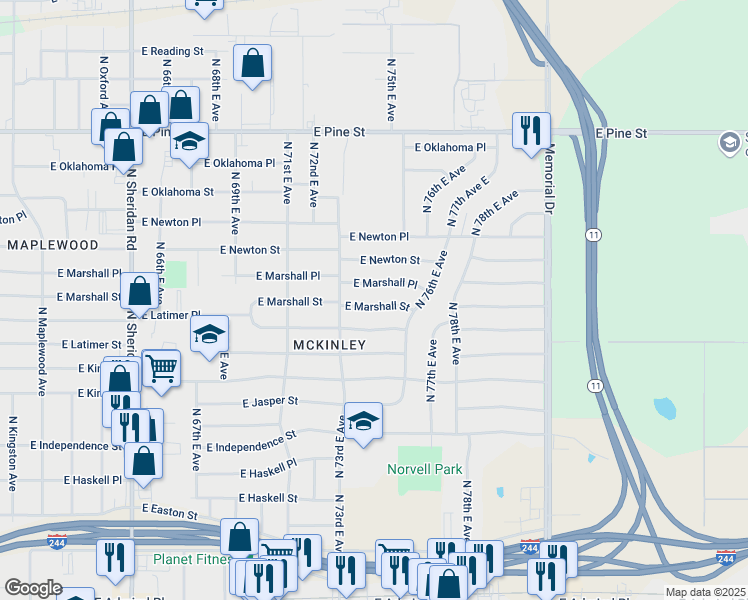 map of restaurants, bars, coffee shops, grocery stores, and more near 7348 East Marshall Street in Tulsa