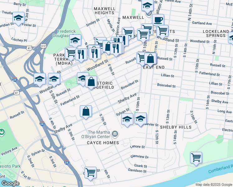 map of restaurants, bars, coffee shops, grocery stores, and more near 814 Boscobel Street in Nashville