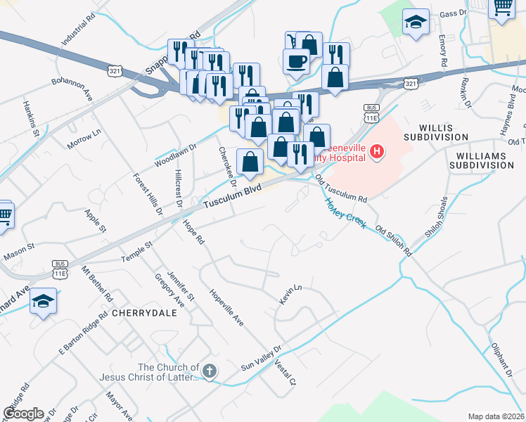 map of restaurants, bars, coffee shops, grocery stores, and more near 1260 Robinhood Road in Greeneville