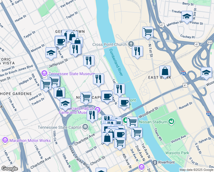 map of restaurants, bars, coffee shops, grocery stores, and more near 700 2nd Avenue South in Nashville