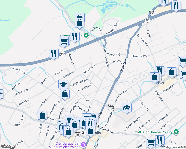 map of restaurants, bars, coffee shops, grocery stores, and more near 204 North Hardin Street in Greeneville
