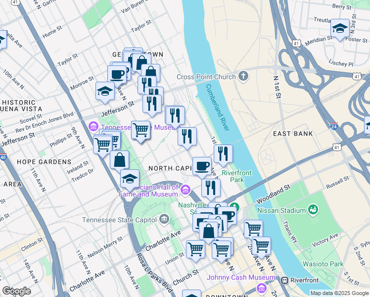 map of restaurants, bars, coffee shops, grocery stores, and more near 344 Harrison Street in Nashville