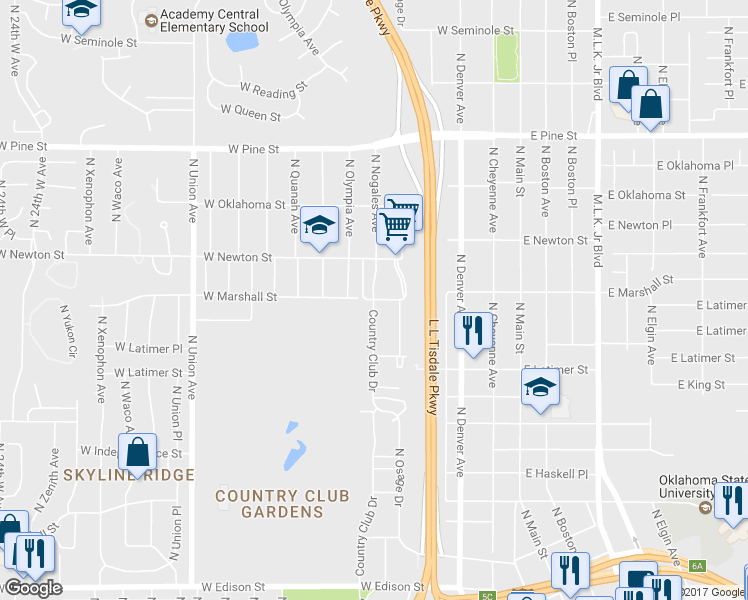 map of restaurants, bars, coffee shops, grocery stores, and more near North Nogales Avenue in Tulsa