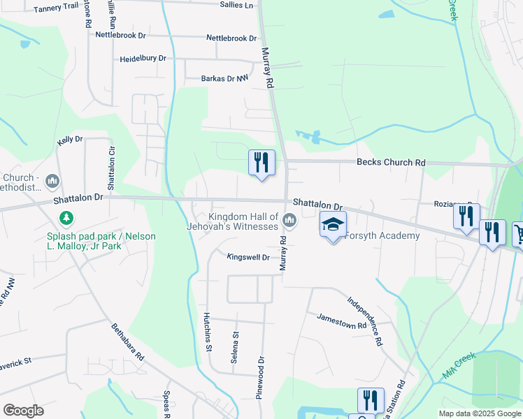 map of restaurants, bars, coffee shops, grocery stores, and more near 5370 Shattalon Drive in Winston-Salem