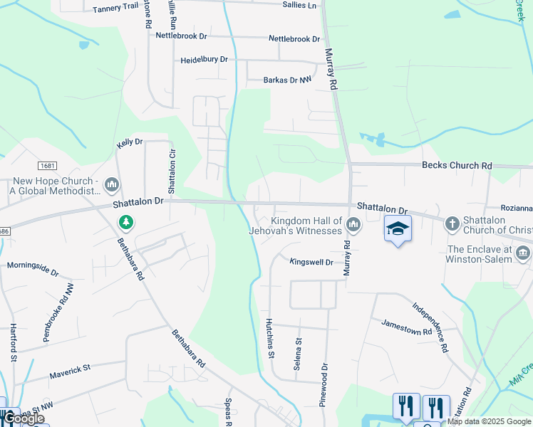 map of restaurants, bars, coffee shops, grocery stores, and more near 400 Vista Circle in Winston-Salem