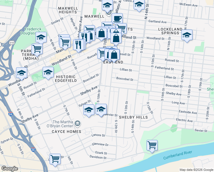 map of restaurants, bars, coffee shops, grocery stores, and more near Shelby Avenue in Nashville