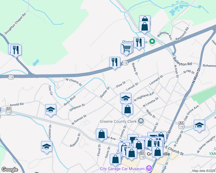 map of restaurants, bars, coffee shops, grocery stores, and more near 215 Baxter Street in Greeneville