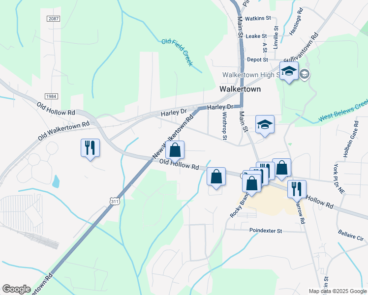map of restaurants, bars, coffee shops, grocery stores, and more near 3147 Morris Street in Walkertown