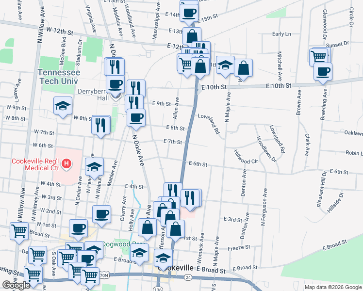 map of restaurants, bars, coffee shops, grocery stores, and more near 640 North Washington Avenue in Cookeville